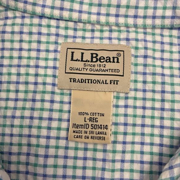 LL Bean Seersucker Shirt Mens L White, Blue, Green Check Gingham Button Up - Picture 3 of 8